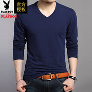 花花公子（PLAYBOY）春秋冬V領(lǐng)長(cháng)袖t恤男士純棉體恤打底衫純色雞心領(lǐng)衛衣男丅 藏青Y1628 純棉舒適款 v領(lǐng)長(cháng)袖T L -170 建議120-140斤