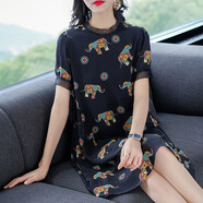 SAPATINHO DE LUXO連衣裙夏新品歐美印花寬松顯瘦真絲連衣裙短袖桑蠶絲裙 黑色 S