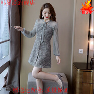 韓曼蕊秋冬季法式小香風(fēng)減齡網(wǎng)紗拼接毛呢長(cháng)袖連衣裙小個(gè)子新款時(shí)尚 灰色 S