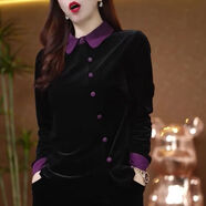 秋殼爆款翻領(lǐng)長(cháng)袖絲絨2025春秋新款斜邊扣拼接撞色設計感氣質(zhì)上衣 黑色 【高品質(zhì)2508】 XL   建議90-105斤