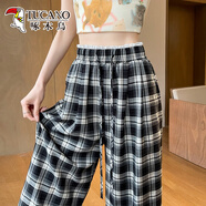 啄木鳥(niǎo)蕾絲花邊格子褲子女夏季2025新款抽繩高腰闊腿褲直筒寬松休閑長(cháng)褲 黑格常規款 M