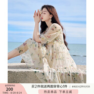 香影（xiangying）碎花連衣裙女2025年夏季新款系帶木耳邊仙氣海邊飄逸寬松裙子 米色 L