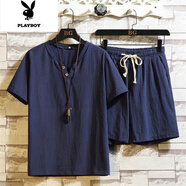 花花公子棉麻短袖短褲套裝男中國風(fēng)寬松大碼T恤夏季潮流休閑運(yùn)動(dòng)兩件套 藏青(一套) M 70-90斤