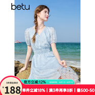 betu女裝2025夏季新款短袖連衣裙鏤空繡花法式收腰裙子女2506T42 藍色 L