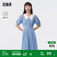 森馬牛仔連衣裙女撞色大翻領(lǐng)學(xué)院風(fēng)森柔牛仔夏收腰泡泡袖短裙甜酷 牛仔淺中藍88601 L