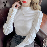 花花公子（PLAYBOY）2025秋冬新款時(shí)尚半高領(lǐng)泡泡燈籠袖針織打底衫女氣質(zhì)內(nèi)搭毛衣上衣 白色 S 【建議70斤-95斤】
