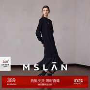 MSLAN|商場(chǎng)同款23冬新款女長(cháng)袖圓領(lǐng)下擺網(wǎng)紗拼接連衣裙MFDT437 烏黑 S