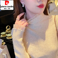 皮爾卡丹小香風(fēng)半高領(lǐng)長(cháng)袖內搭打底衫女秋裝珍珠毛衣2025秋冬蕾絲針織上衣 杏色 均碼 80-140斤可穿