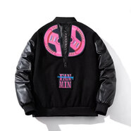 gxmy美式高街vibe風(fēng)毛呢棒球服個(gè)性外套男女冬裝潮流皮袖夾克情侶棉衣 粉色 L