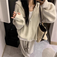 漣畫拉鏈抽繩連帽長袖衛(wèi)衣針織開衫寬松慵懶女式毛衣外套 米白 均碼 90-150可穿