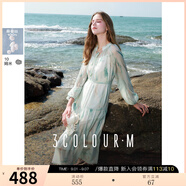 三彩2025秋款真絲連衣裙兩件套桑蠶絲V領(lǐng)飄逸長(cháng)裙浪漫M 湖水藍花卉 M 160/84A