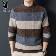 花花公子高檔男士羊毛衫新款冬季加厚圓領(lǐng)領(lǐng)針織羊毛衫男經(jīng)典橫條提花上衣 卡其色冬季粗線(xiàn)防寒毛衣 XL 105-120斤