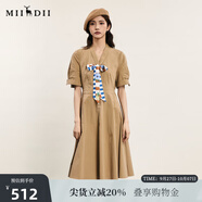 謎底X型收腰連衣裙短袖女2024夏款氣質(zhì)V領(lǐng)中長(cháng)裙配絲巾242ML0569 礫棕 L