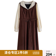 獨(dú)束大碼女裝撞色甜美娃娃領(lǐng)連衣裙冬裝新款氣質(zhì)復(fù)古風(fēng)中長(zhǎng)款裙子 茶褐色【160版本】 L