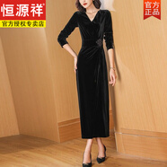 恒源祥高端金絲絨長(cháng)袖黑色媽媽連衣裙女長(cháng)裙新款春秋v領(lǐng)顯瘦氣質(zhì)一步裙 黑色 黑色絲絨 L