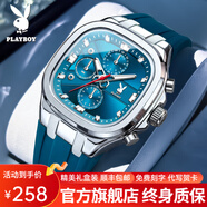 花花公子（PLAYBOY）品牌手表男方形膠帶石英表初高中生學(xué)生手表夜光防水男表送人禮物 海藍(lán)色/精美禮盒/定制刻字