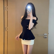 露肩收腰一字肩上衣包臀半身裙兩件套夏裝感巨好看小個(gè)子套裝 藍(lán)色針織上衣_-單件 S (建議75-95斤)