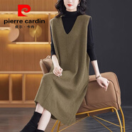 皮爾卡丹（pierre cardin）大碼雞心領(lǐng)針織連衣裙春秋新款氣質(zhì)顯瘦毛衣裙長款過膝馬甲背心裙 黃駝色 XL 120斤-130斤