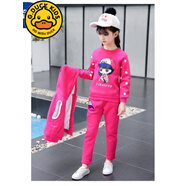 女童運動(dòng)服套裝春秋季純棉412歲小女孩春裝兒童裝衛衣外套三件套 玫紅小女孩三件套加絨 130 130適合120-130cm年齡7-8歲