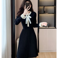 JPUZ赫本風(fēng)小黑裙針織連衣裙女秋冬2026新款小香風(fēng)內搭打底裙百褶裙子 黑色 M