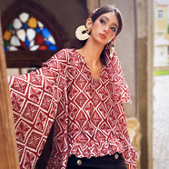 粉紅大布娃娃幾何印花喇叭袖上衣秋設計感V領(lǐng)長(cháng)袖襯衫女2025新款 西瓜紅色印花 XS