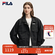 FILA 斐樂(lè )官方女裝梭織外套2025秋新款時(shí)尚休閑寬松短款立領(lǐng)上衣 正黑色-BK S 160/80A/S