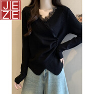JEZE大碼女裝復古設計感V領(lǐng)蕾絲拼接針織衫女胖MM顯瘦不規則打底毛衣 黑色 M [建議80-100斤]