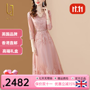 OLJ高檔品牌連衣裙女2025年夏季新款氣質(zhì)重工繡花網(wǎng)紗鑲鉆刺繡裙子 粉色 XL