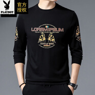 花花公子（PLAYBOY）品牌純棉長(zhǎng)袖t恤男加絨圓領(lǐng)保暖衛(wèi)衣男印花體恤打底衫秋冬中年男 03黑色【金?！看呵锟?M 165