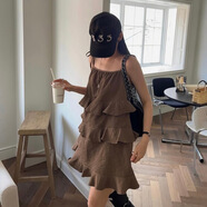 小個子吊帶裙女裝韓國cc夏季新款法式甜美設(shè)計感蛋糕層層連衣裙 咖色 均碼