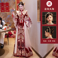 秀禾服婚服2025新款新娘鳳冠霞帔絲絨重工高端中式出閣嫁衣龍鳳褂 御芳韻+金T頭飾 2XL