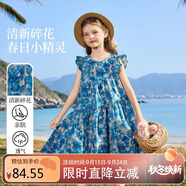 ASK JUNIOR兒童純棉裙子夏女大童飛袖連衣裙青少年碎花裙荷葉邊 藍(lán)色  160 