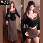 圣保美法式掛脖吊帶連衣裙子女2025新款小個(gè)子早初秋季穿搭一整套裝長(zhǎng)裙 黑色上衣+背心+長(zhǎng)裙【三件套】 XL 碼