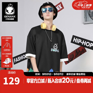 閃電潮牌（GENANX）太空棉上衣男短袖時尚印花拼色袖子寬松t恤男 黑色 L