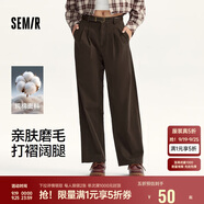森馬（Semir）休閑褲女純棉打褶闊腿褲腰帶秋復(fù)古磨毛長褲顯腿長101524127005A