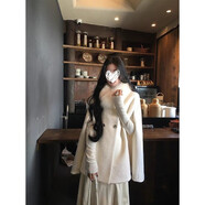 留洋大小姐 秋冬氣質(zhì)高級感披斗篷外套+毛領(lǐng)+修身長(cháng)袖裙子三件套 米白色連衣裙   單件 S  建議80-100斤