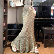 待婉蕾絲花邊針織裙女韓版高腰包臀裙魚(yú)尾半身超長(cháng)拖地裙 杏咖 均碼