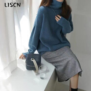 LISCN高領(lǐng)羊毛衫女2025新款重磅歐美加厚毛衣寬松套頭慵懶風(fēng)針織打底衫 高級(jí)藍(lán) S