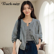 塔馳密司TOUCH MISS優(yōu)雅在線(xiàn) 赫本風(fēng)黑白細格紋 涼感亞麻圓領(lǐng)短外套FSL 復古千鳥(niǎo)格 XL