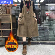美安嘉秋冬燈芯絨背帶裙女寬松中長(cháng)款斜襟文藝復古顯瘦條絨連衣裙女 咖啡色【加絨加厚】 S