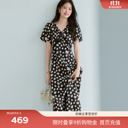 伊芙麗（eifini）蔣欣代言花邊嵌邊裝飾A擺肌理底布碎花連衣裙女2025新款裙子 水墨黑 M 105-115斤