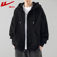 回力開衫衛(wèi)衣男春秋季新款簡約外套男純色連帽上衣服 黑色 XL （建議體重150-170斤）