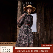 EIN言浪漫碎花印花蕾絲翻領(lǐng)長燈籠袖文藝雪紡連衣裙2025夏季新款 石墨黑 L