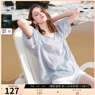 三彩2025夏季新款條紋繡花襯衣寬松流蘇系帶V領(lǐng)套頭衫女 天空藍(lán)條紋 XL 170/92A