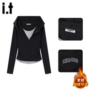 :CHOCOOLATE  it女裝潮牌美式拉鏈連帽假兩件長(cháng)袖t恤女冬季修身短款加絨上衣 黑色【加絨款】 S