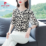 皮爾卡丹雪紡衫女士七分袖波點(diǎn)夏季女裝新款氣質(zhì)時(shí)尚上衣百搭印花襯衫 黑色 M 90-105斤