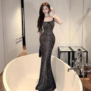 亮閃閃重工燙鉆吊帶連衣裙拖地長(cháng)裙女歐美輕奢名媛風(fēng)包臀禮服長(cháng)裙 黑色燙鉆吊帶連衣裙（優(yōu)質(zhì)版） L