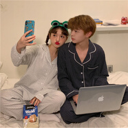 格子韓版蕾絲花邊家居服外穿情侶裝睡衣一男一女夫妻倆件套裝春秋 小藍格男款 165斤內 均碼