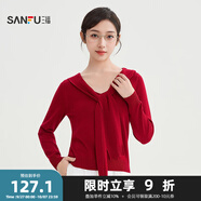 三福毛衣2025秋季綁帶V領(lǐng)蕾絲拼接下擺假兩件上衣女裝507322 大紅 L