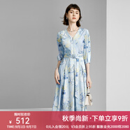 顏域時(shí)尚印花氣質(zhì)連衣裙女秋季2024新款優(yōu)雅中長(zhǎng)款七分袖V領(lǐng)裙子 藍(lán)花 XL/42